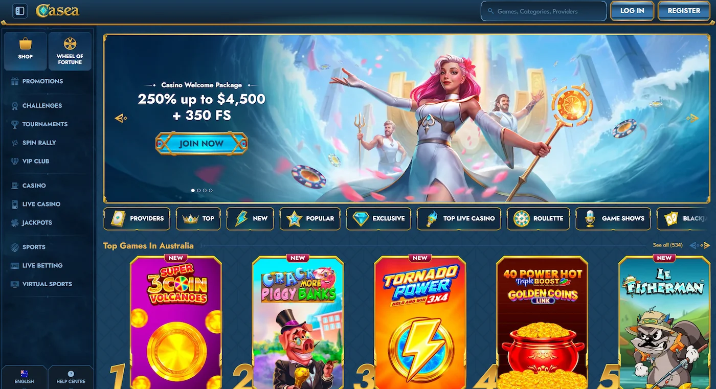 Casea casino showing welcome offer, selection of top online pokies and site main navigation